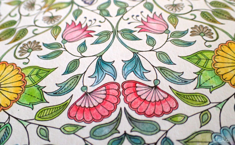ジョハンナ・バスフォードの「ひみつの花園」の花のマンダラの拡大図