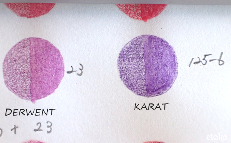 ダーウェントウォーターカラーとステッドラーカラトの紫系の色比較