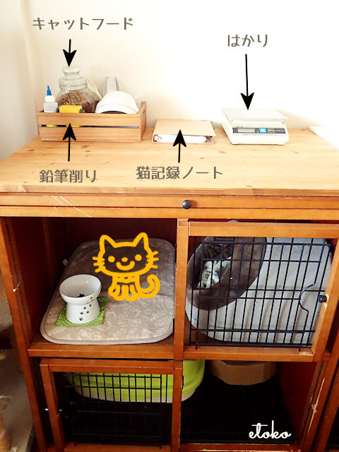猫ケージの上に板を置いて、計量器、ノートセット、鉛筆削り、キャットフードなど猫のお手入れ用品を置いている